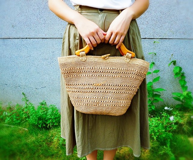 Handmade Crochet Bag with Wooden Handles - Crochet Bag