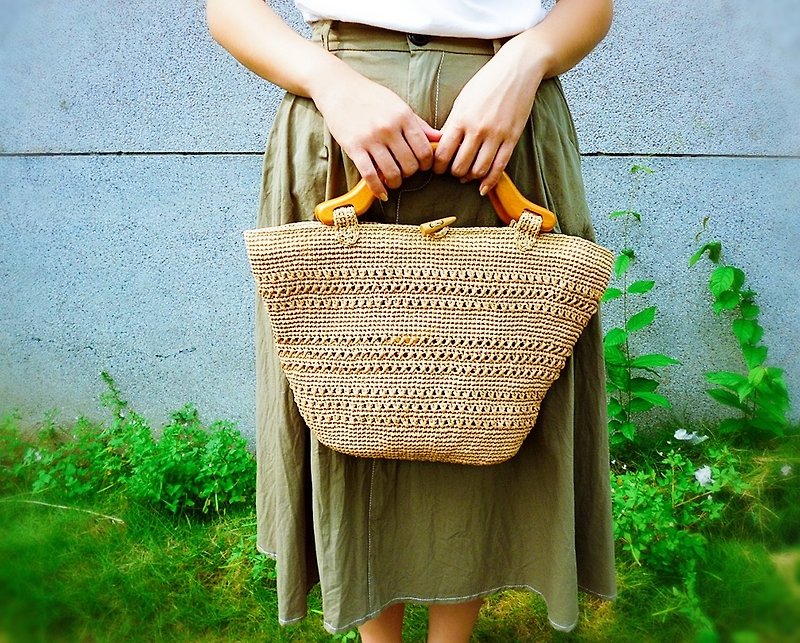 Raffia hand crochet leather bottom wood handle woven bag raffia bag - Handbags & Totes - Plants & Flowers Orange