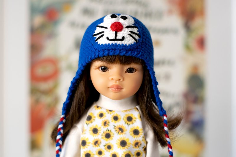Doraemon cat hat for doll Paola Reina, Siblies, Little Darling, animals hat, 针织帽 - 寶寶/兒童玩具/玩偶 - 棉．麻 藍色