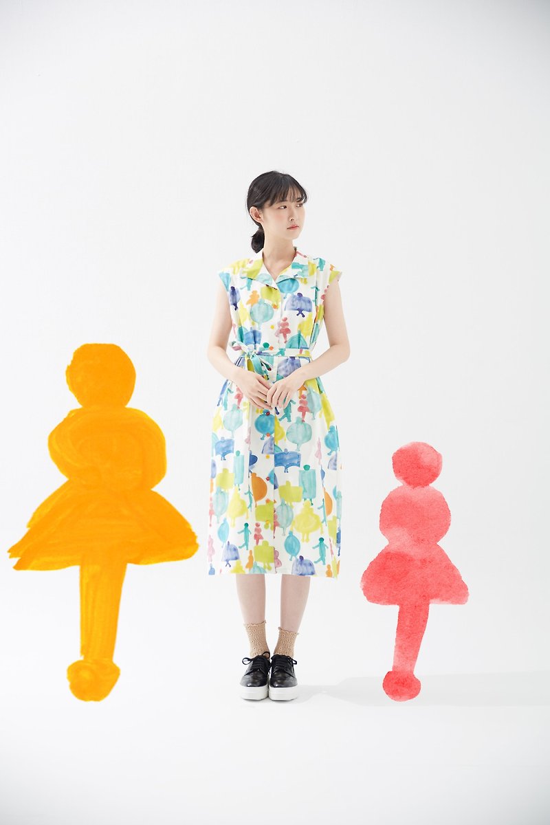 y1, hsuan X Honglin exclusive printed cloth series two-wear flat-neck long dress with tie people - ชุดเดรส - ผ้าฝ้าย/ผ้าลินิน หลากหลายสี