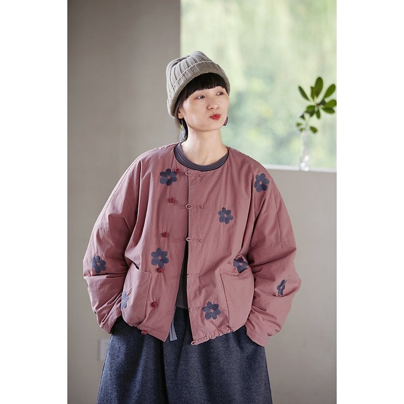 淡絳粉繡花羽絨服 - 女大衣/外套 - 棉．麻 