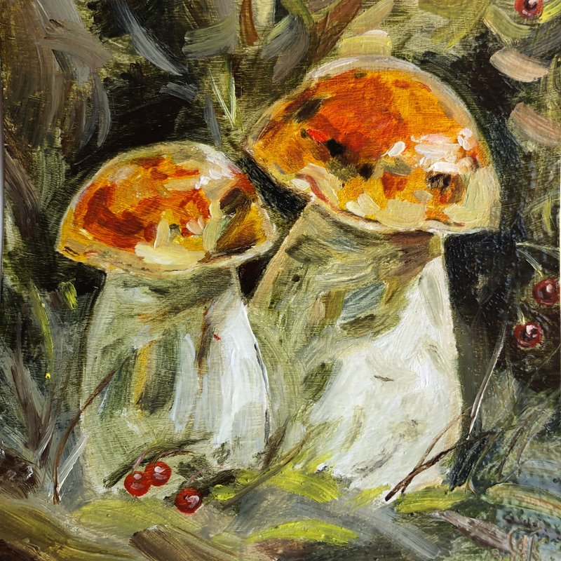 Mushrooms original oil painting wall art handmade 6 x 6 inches - Wall Décor - Other Materials Khaki