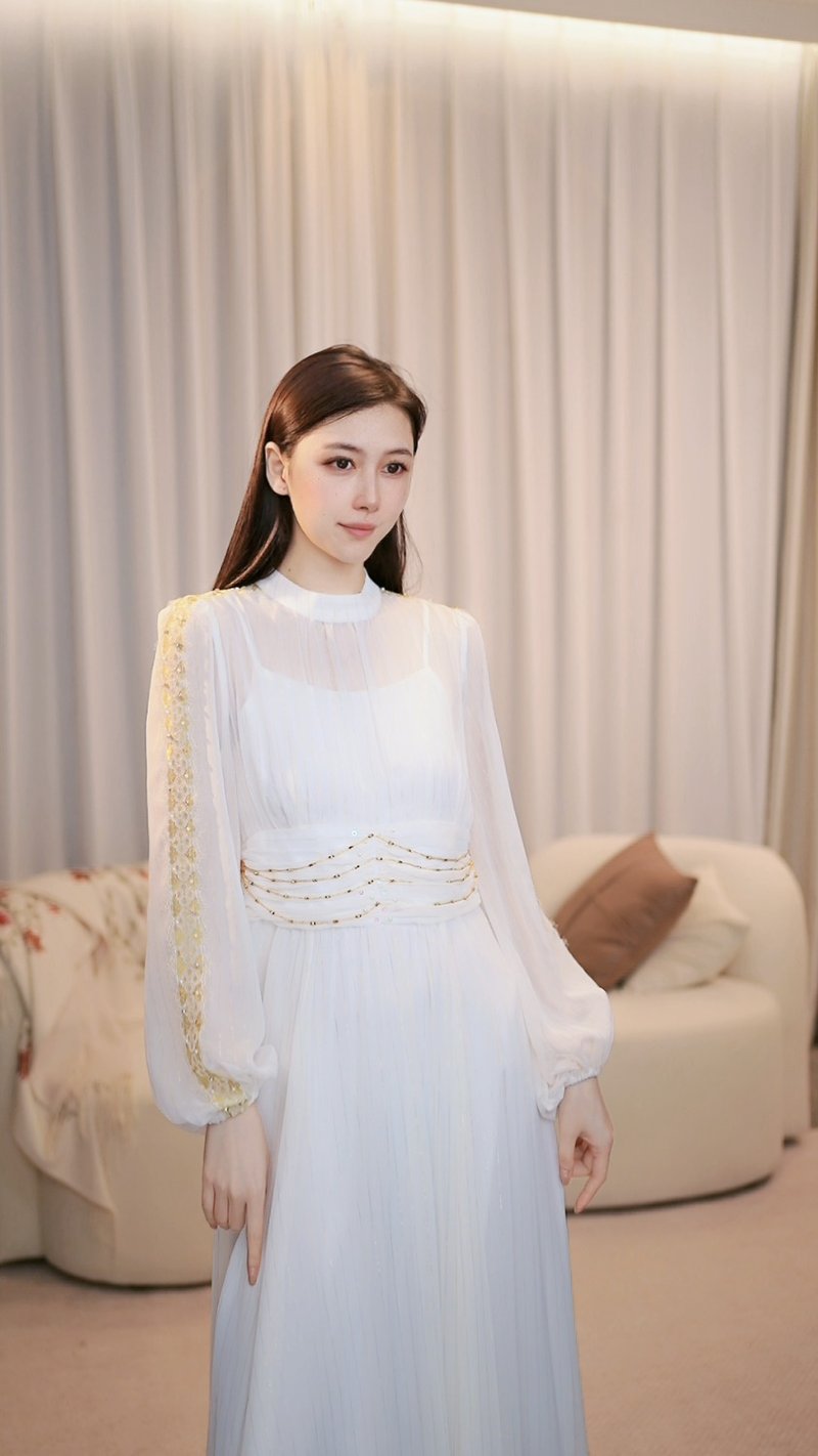 SOLELEGIA FRENCH TEMPERAMENT LONG SLEEVE DRESS - ชุดเดรส - วัสดุอื่นๆ ขาว