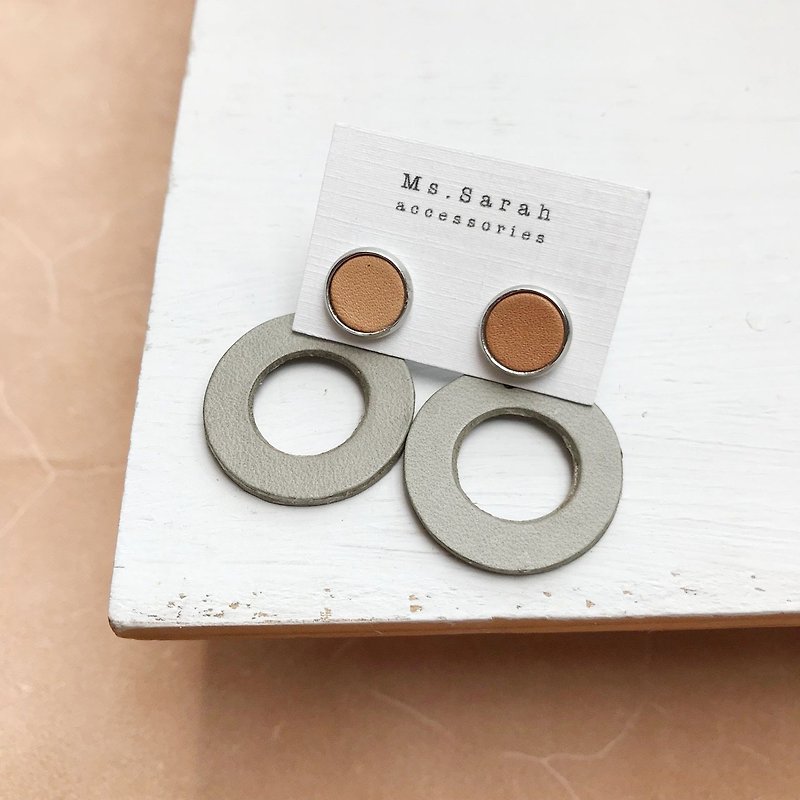 Leather round box earrings _ # 10_ 6 works take a light Brown gray (can be changed folder) - Earrings & Clip-ons - Genuine Leather Gray