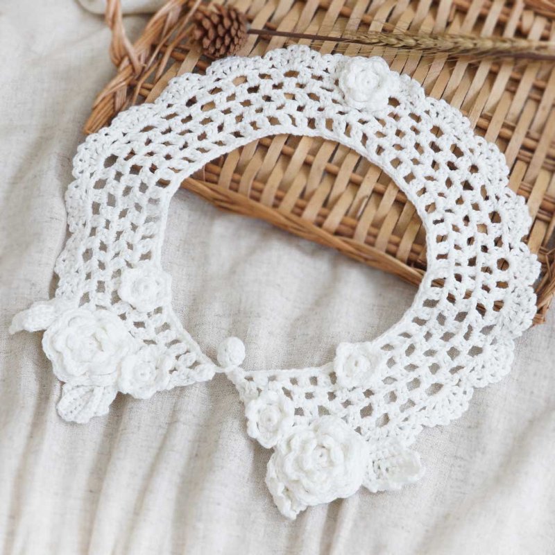 Breath of the Forest* Forest style handmade crocheted three-dimensional flower shawl pure white collar piece - ผ้าพันคอถัก - ผ้าฝ้าย/ผ้าลินิน ขาว