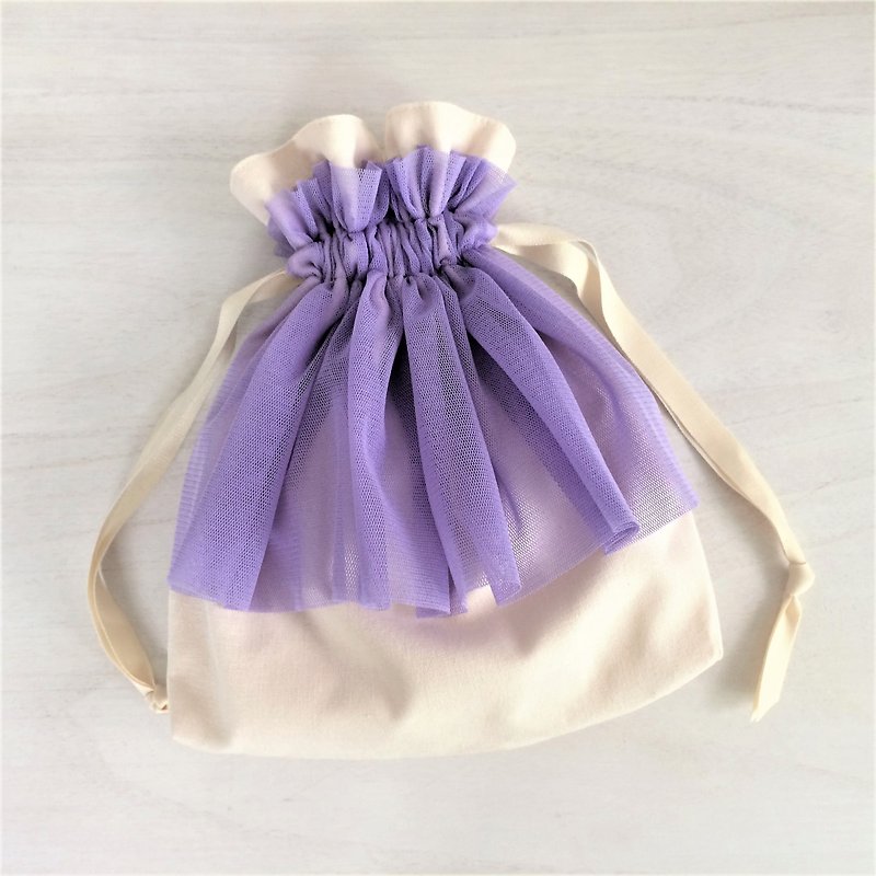 ソフトチュール ギャザーフリル巾着 オフ×パープル - 化妝袋/收納袋 - 棉．麻 紫色