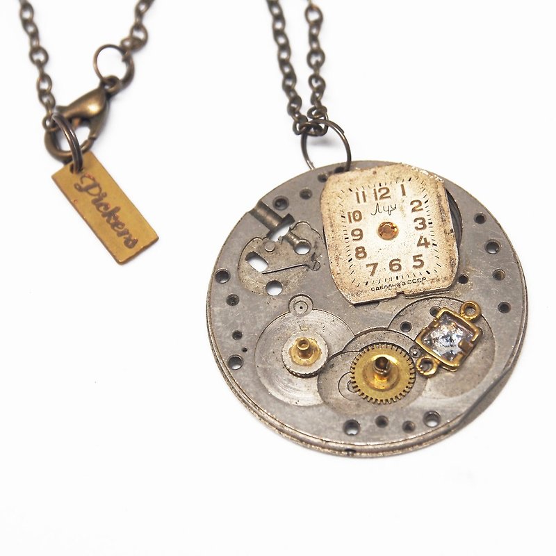 1950 zircon necklace silver pocket watch gears collage - สร้อยคอ - โลหะ สีเงิน