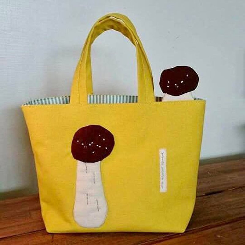 Coffee Mushroom Tote Bag/Mustard Yellow Bottom/Match Head - Handbags & Totes - Cotton & Hemp Brown