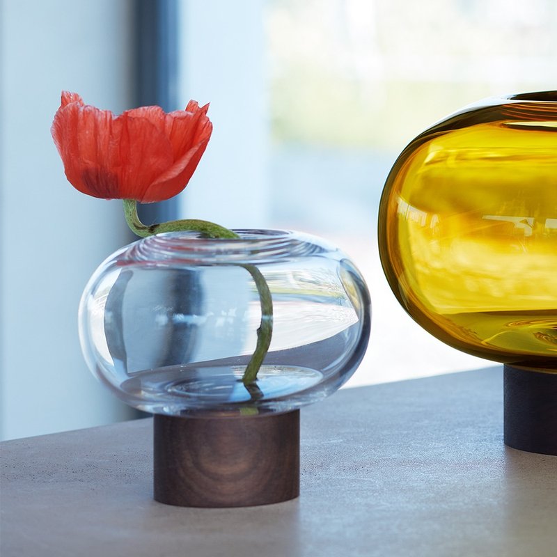 【LSA】OBLATE oval vase with walnut base 15cm-transparent - Pottery & Ceramics - Glass Transparent