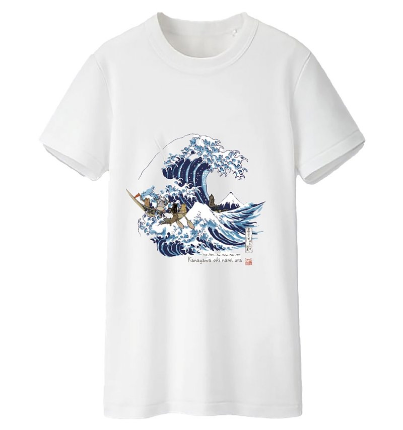 Cat Ukiyoe-Cat in the Great Wave off Kanagawa-Short-sleeved T-shirt - Other - Cotton & Hemp White