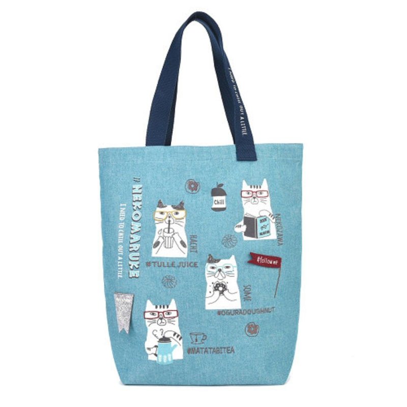 Kusuguru Japan Japanese spectacled cat shoulder and portable large-capacity tote bag-turquoise - Handbags & Totes - Polyester Green