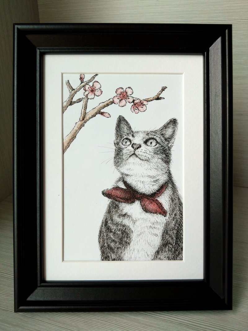 Hand-drawn pet portrait (adorable cat) with frame - ภาพวาดบุคคล - กระดาษ ขาว