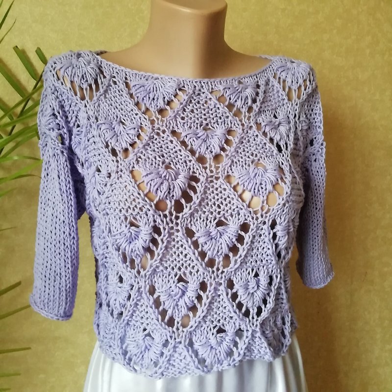 Lilac Cotton Women Lace Crop Sweater Knitted Blouse T-Shirt Hole Sexy Top Girls - Women's Tops - Cotton & Hemp Purple