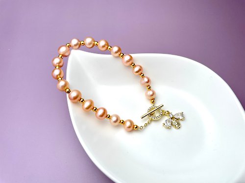 Athena珍珠設計 小蜜蜂 天然淡水珍珠 橘色炫彩 手鏈