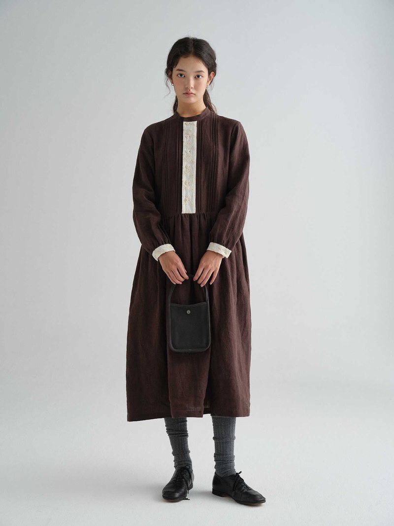 棕色拼接刺繡水洗亞麻復古連衣裙洋裝 - 連身裙 - 棉．麻 多色