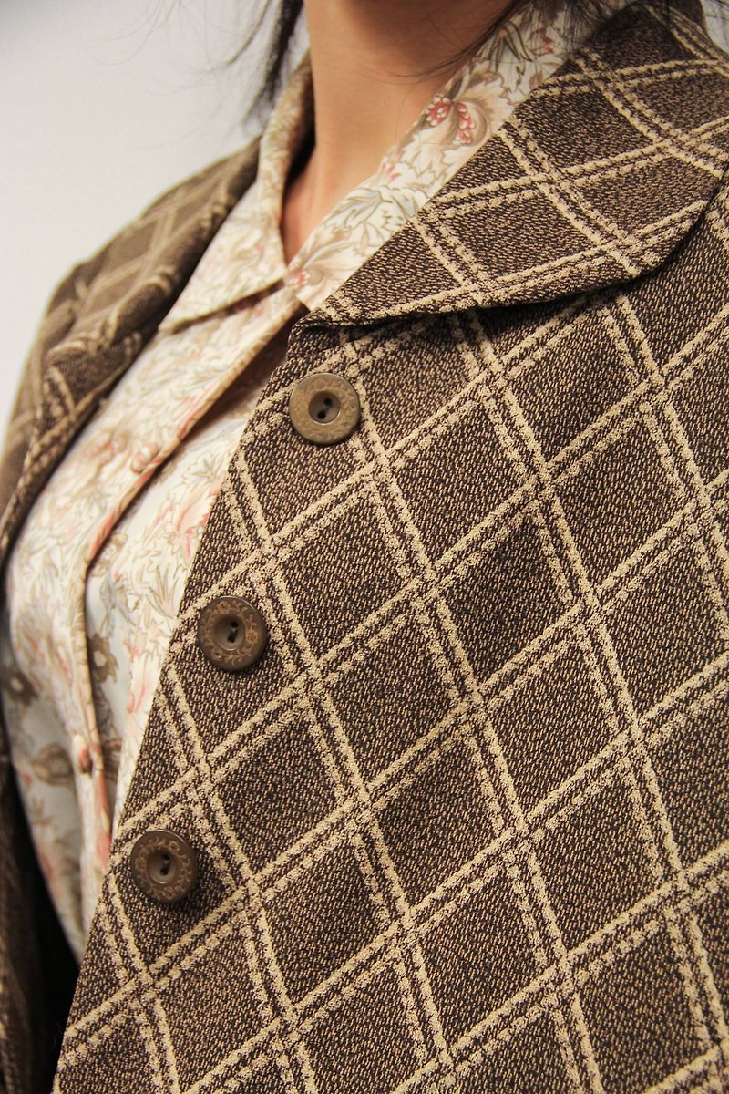 …｛DOTTORI :: OUTER｝Brown Checkered Long-Sleeved Outer - Women's Casual & Functional Jackets - Polyester Brown
