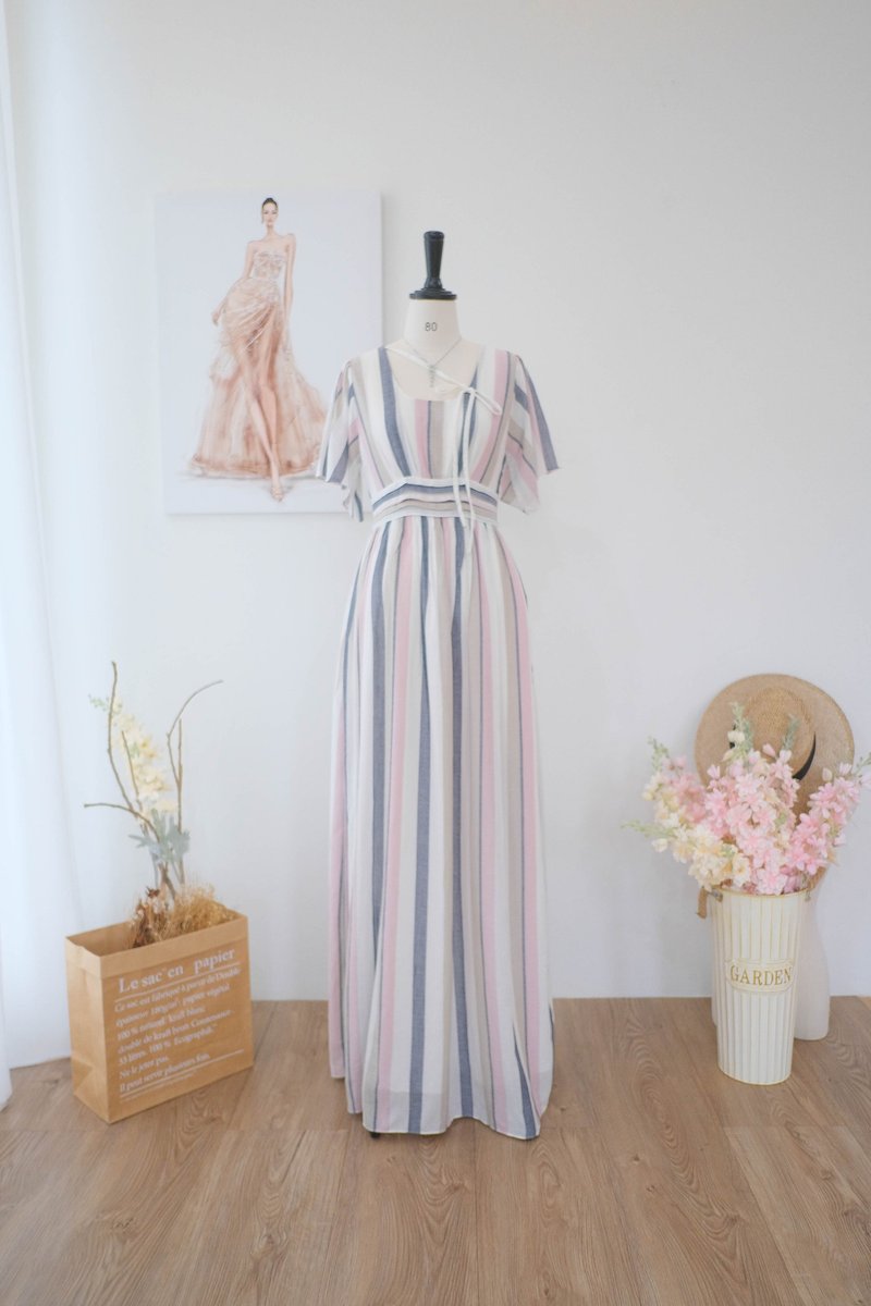 Striped linen maxi dress Spring Summer sundress Short sleeve vintage dress - 洋裝/連身裙 - 棉．麻 粉紅色