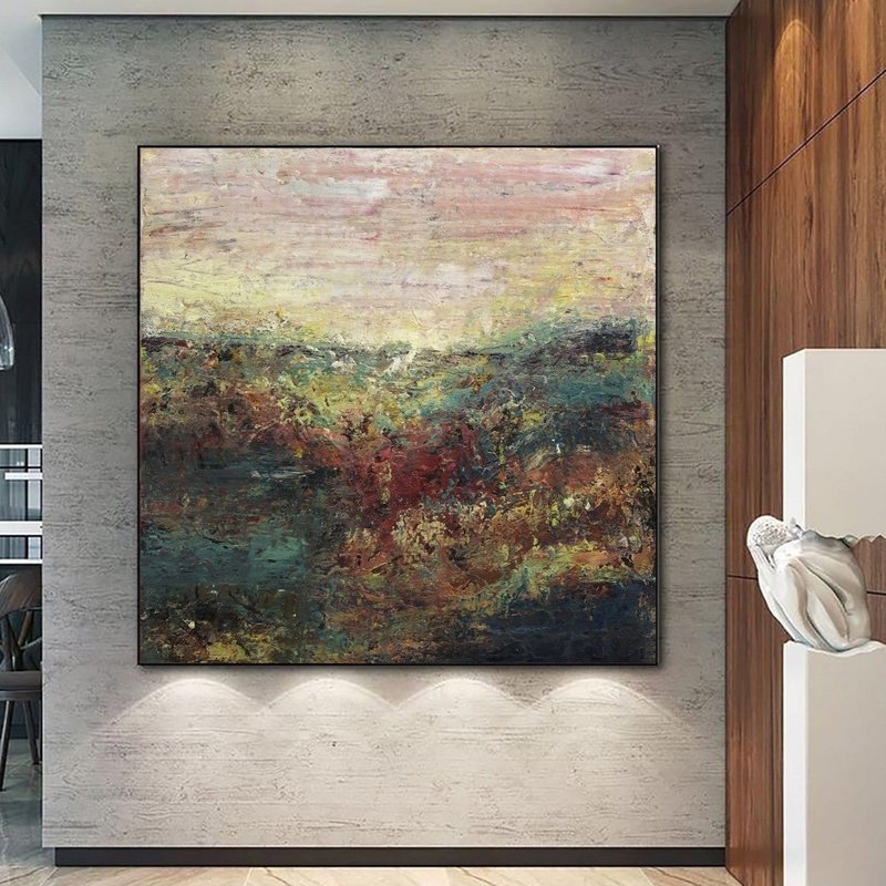 Abstract Colorful Landscape Paintings on Canvas, Neutral Countyside Artwork - Wall Décor - Acrylic Multicolor