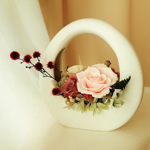 午後有花 | 花藝工作室 永生花特色O型小提籃-新娘粉