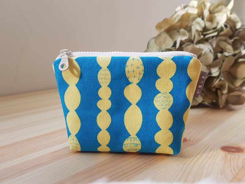 Compact purse string circle - กระเป๋าใส่เหรียญ - ผ้าฝ้าย/ผ้าลินิน สีน้ำเงิน