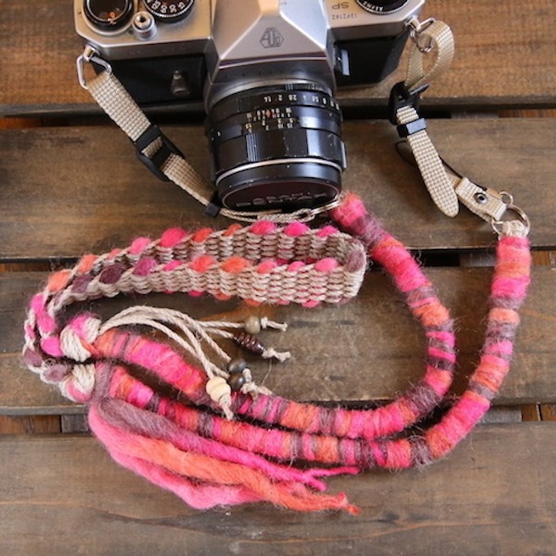 Autumn-Winter Native Knit Camera Strap # 4 · Double Ring - Camera Straps & Stands - Cotton & Hemp Red