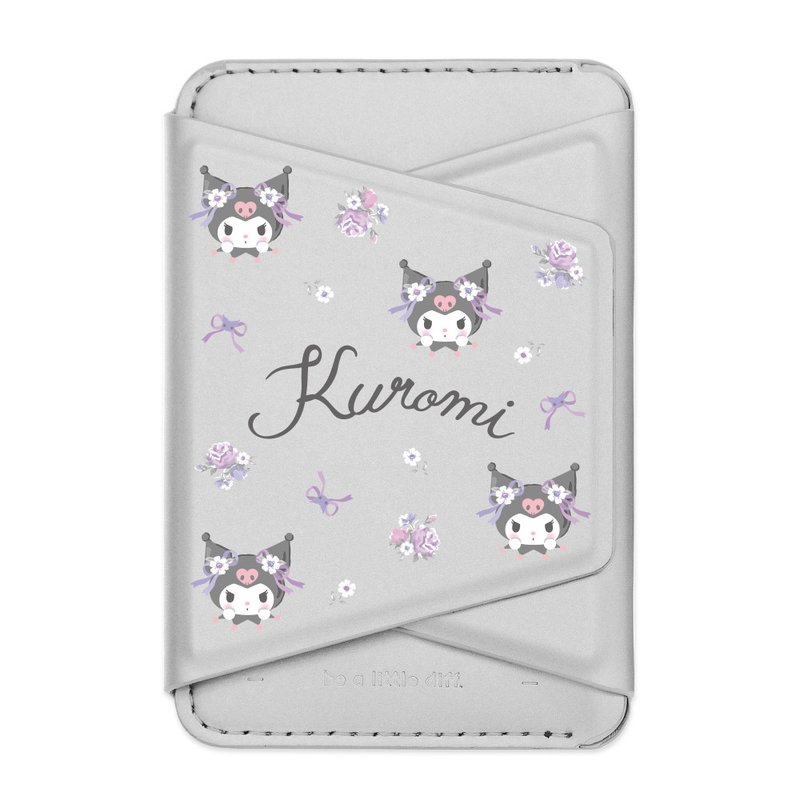 Kuromi 酷洛米－小花銀色款 支架磁吸卡包 小牛皮感 手機支架 - 手機/平板支架 - 人造皮革 銀色