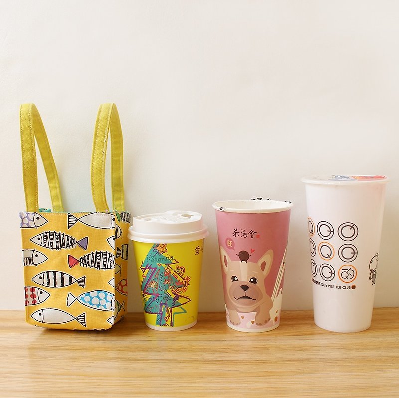 小魚們圖案飲料提袋(一般款) 環保杯袋 咖啡杯袋 - 杯袋/飲料提袋 - 棉．麻 黃色