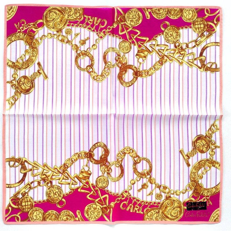 Carlos Falchi Vintage Handkerchief Golden Chain and Charms 19 x 19 inches - 手帕 - 棉．麻 粉紅色