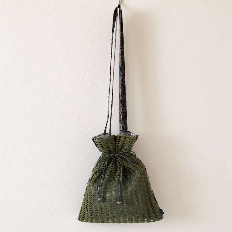 [PVC, cloth, knitted drawstring bag] Drawstring bag -Green and Paisley- - Handbags & Totes - Cotton & Hemp Green