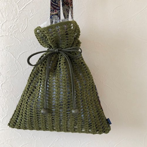 PVC・布・編み巾着バッグ】Drawstring bag ーGreen and Paisleyー