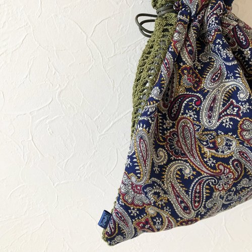 PVC・布・編み巾着バッグ】Drawstring bag ーGreen and Paisleyー