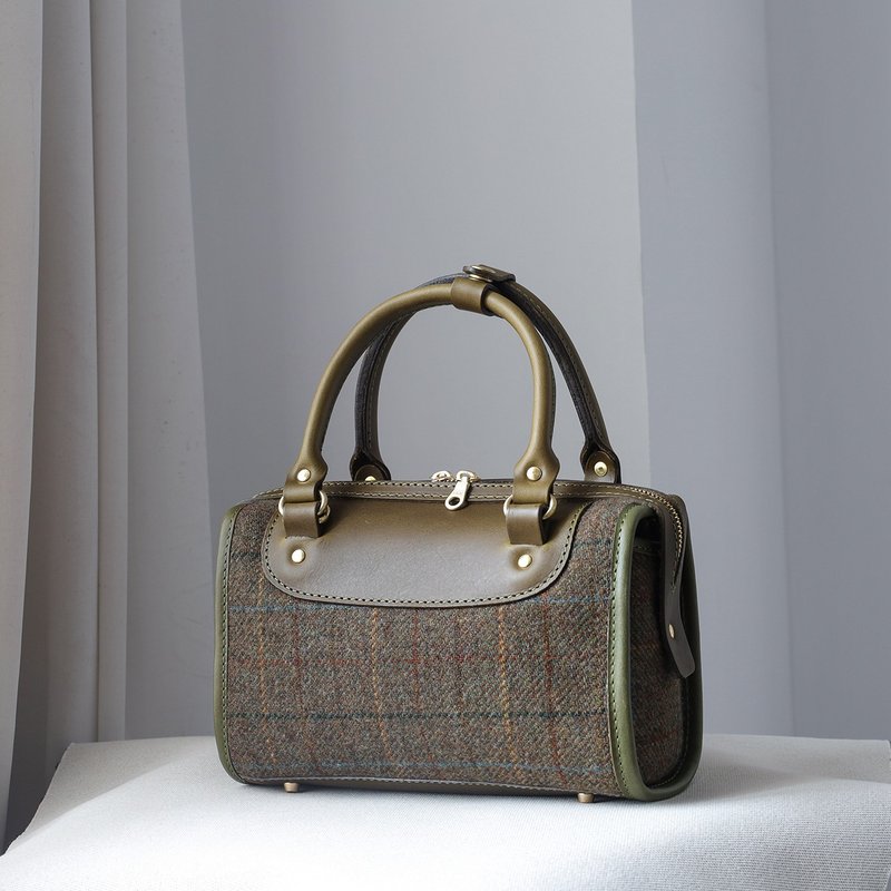 [Wool and leather] Harris Tweed Boston women's bag handbag shoulder bag autumn and winter women's bag - กระเป๋าแมสเซนเจอร์ - หนังแท้ สีเขียว