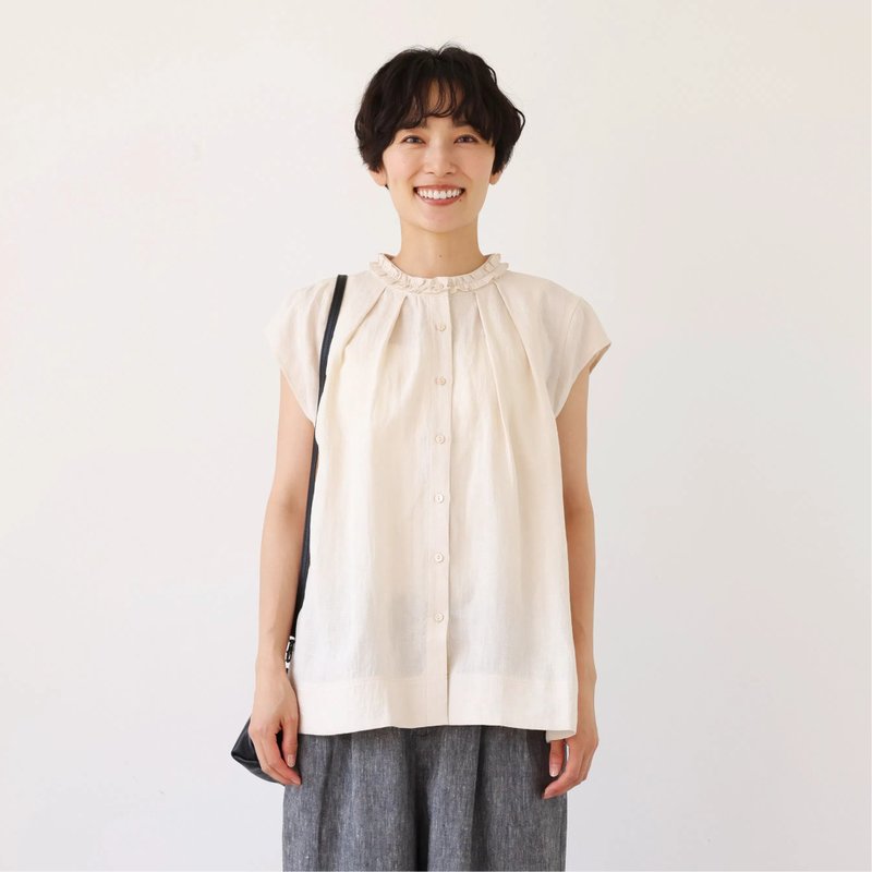 夏の快適さと上品さを兼ね備えた リネン フリル襟ブラウス リネン100%　ベージュ　250716-1 - 女襯衫 - 棉．麻 