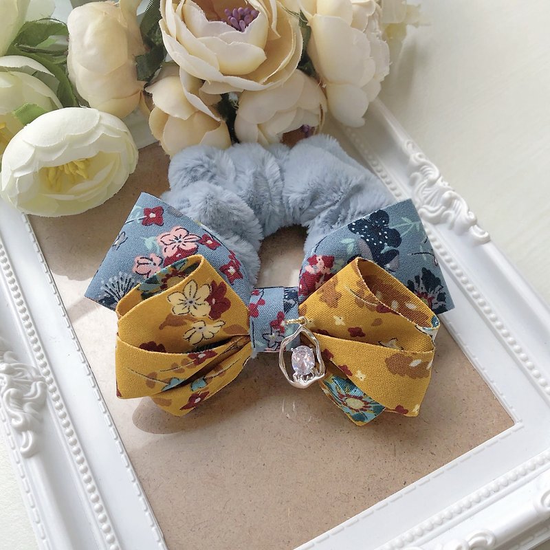 Flower adult cute plush hair ring scrunchie- turmeric + blue gray - Hair Accessories - Other Materials Gray