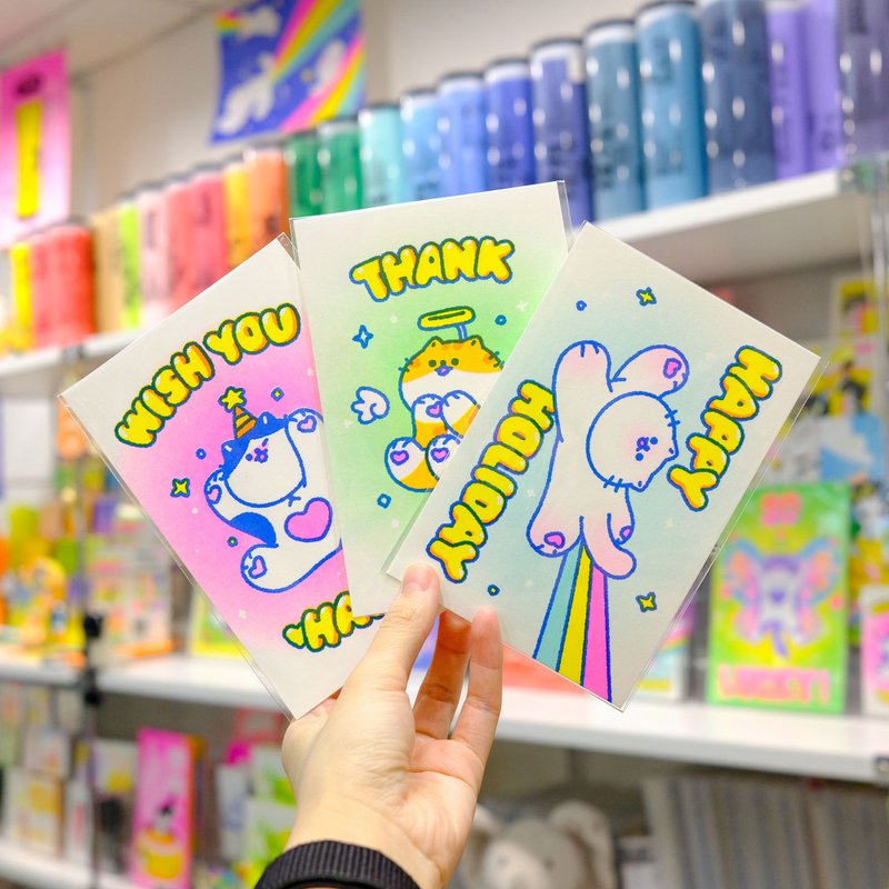 快樂小貓 明信片 祝福 禮物 Riso 印刷 Risograph孔版 原創 - 卡片/明信片 - 紙 多色