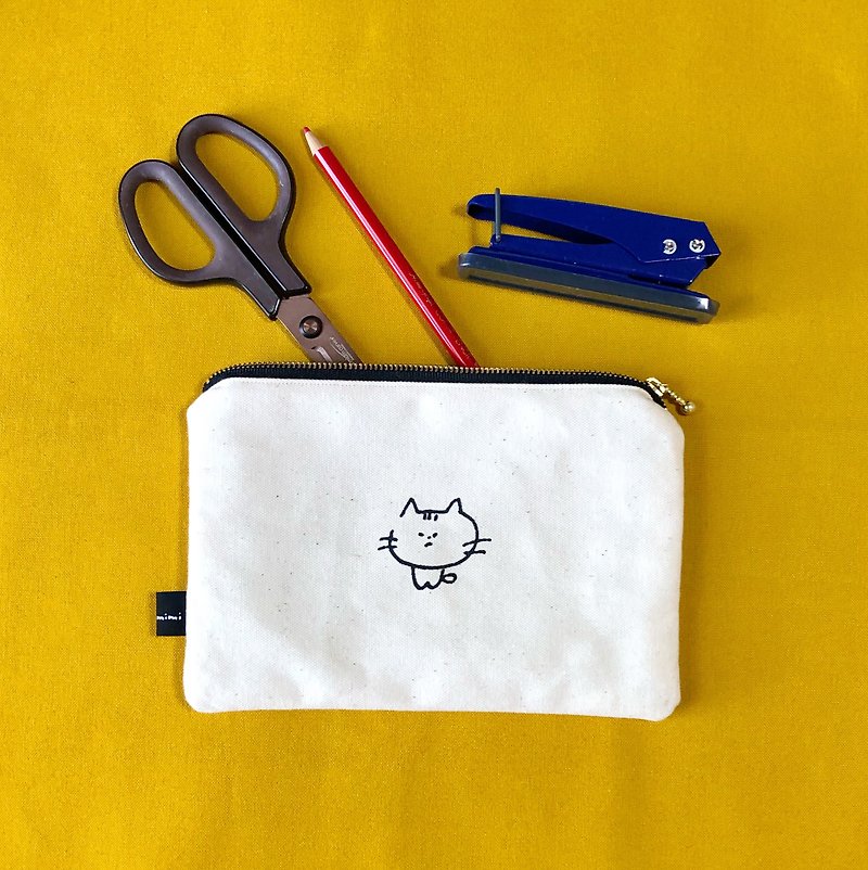 Cat pouch [middle] - กระเป๋าเครื่องสำอาง - ผ้าฝ้าย/ผ้าลินิน ขาว