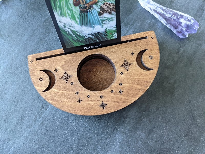 Tarot card holder moon phases. Tarot stand with candle holder / crystal display.