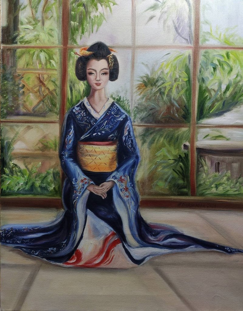 Kyoto Geisha smile Japanese traditional dressed woman portrait Original painting - Wall Décor - Other Materials Green