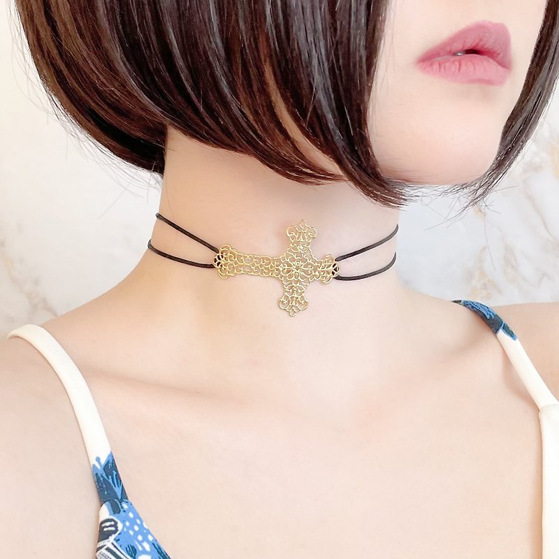 Two chokers, a cross and a black rope, with the words of promise SV159 - Chokers - Polyester Gold