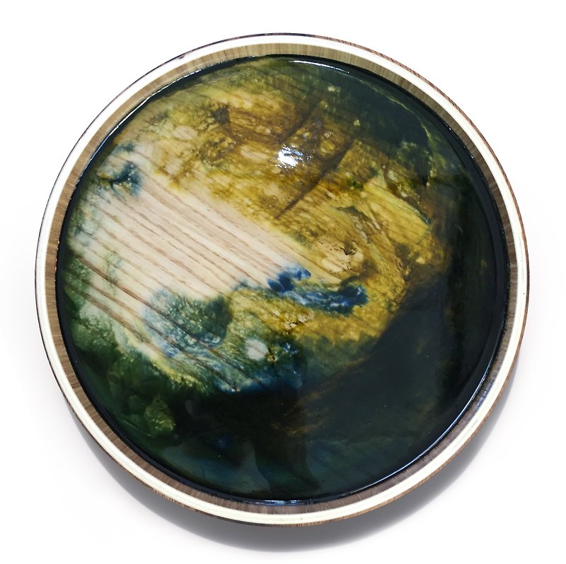 【 Autumn green & yellow Lake・Planet・Wooden tray】30cm - จานเล็ก - ไม้ หลากหลายสี