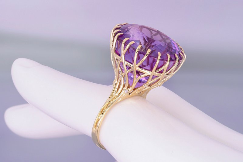 14k gold round cut amethyst cocktail ring with diamonds - 戒指 - 貴金屬 金色