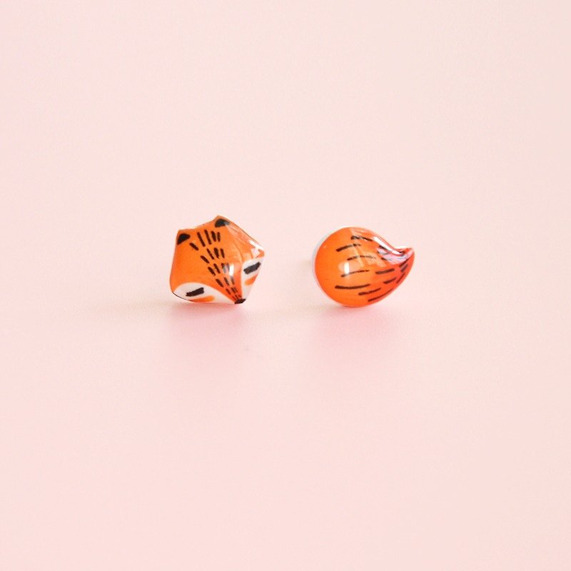 小狐狸 手繪耳釘 個性不對稱耳夾 禮物 - 耳環/耳夾 - 塑膠 橘色