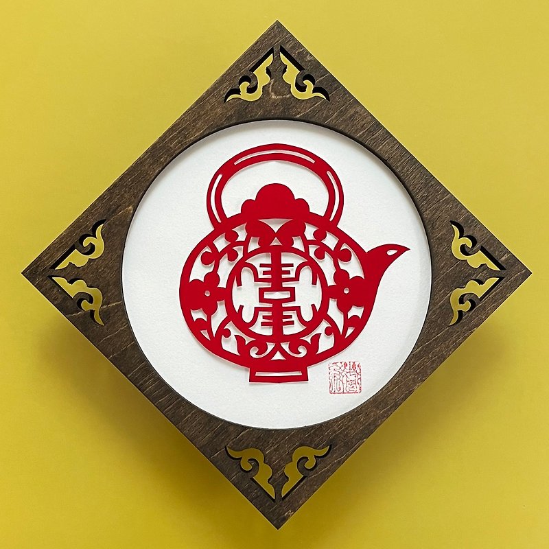 Made to order: Kirigami/tea utensil pattern with wooden frame 4 - โปสเตอร์ - กระดาษ สีแดง