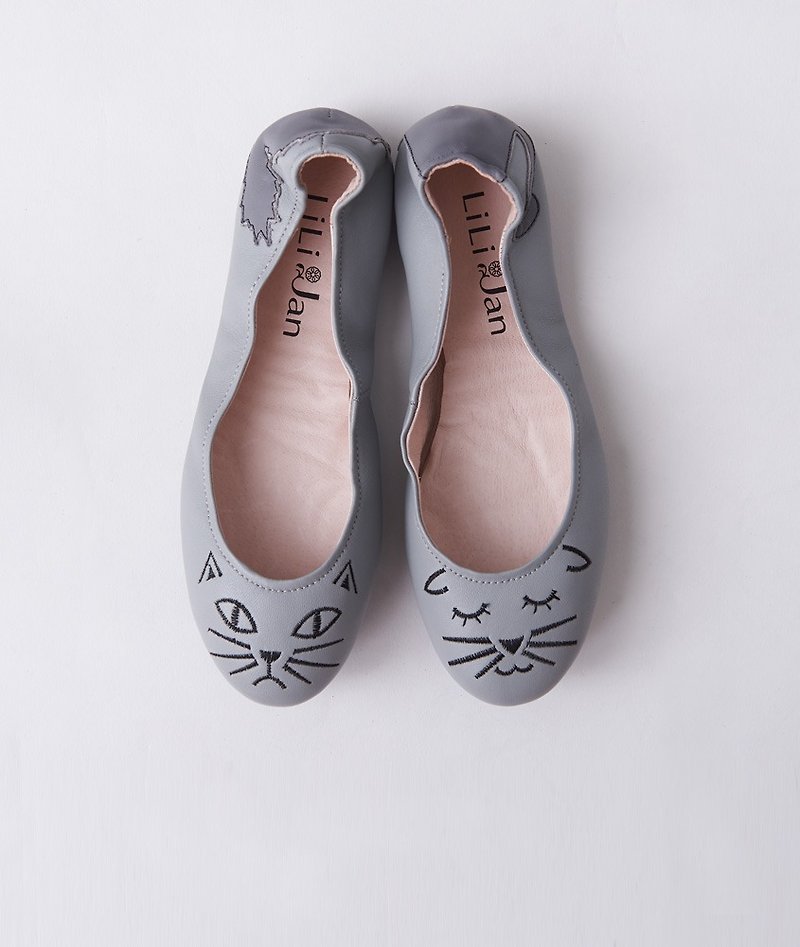 【貓的進行曲】兩種喵喵‧摺疊芭蕾舞鞋_灰色冒險 - 娃娃鞋/平底鞋 - 真皮 灰色