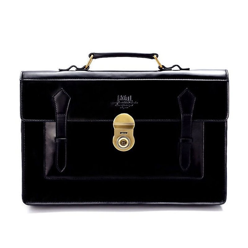Full black leather briefcase - large - gold buckle - Briefcases & Doctor Bags - Genuine Leather Black