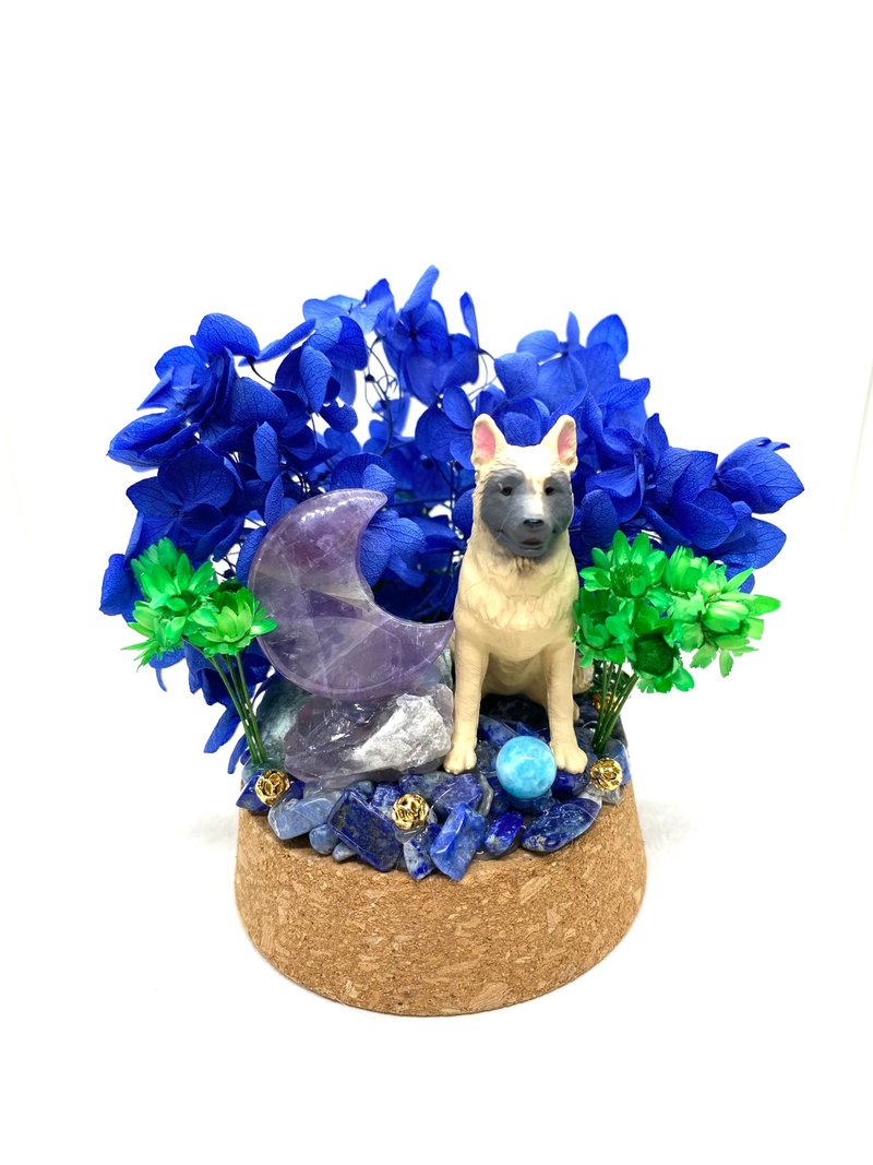 德國牧羊犬與紫水晶月亮/紫水晶/海藍寶-水晶公仔乾燥花擺設 - 擺飾/家飾品 - 水晶 
