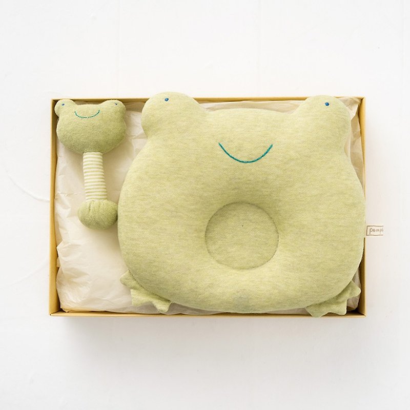 Gift Set KA-3 Frog Collection 100% Organic Cotton Baby Pillow Rattle Set of 2 Made in Japan for Baby Shower - Baby Gift Sets - Cotton & Hemp Green