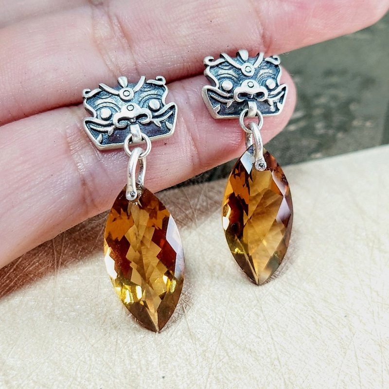 耳環 天然 黃水晶 啤酒晶 925銀 貔貅銀飾 寶石 - 耳環/耳夾/耳骨夾 - 寶石 橘色