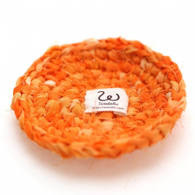 太陽の色　きもの裂き編みコースター - 杯墊 - 棉．麻 橘色