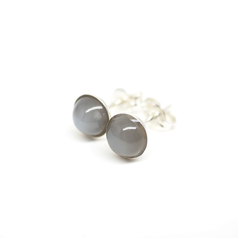 Gray Moonstone Gemstone Earrings, 925 Sterling Silver, 6mm Round - 耳環/耳夾 - 其他金屬 灰色